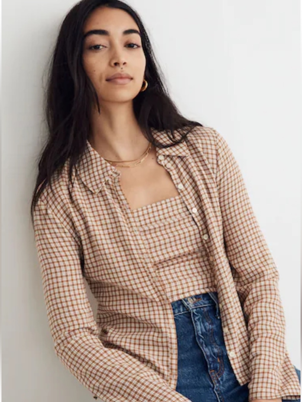 Madewell Crinkle Slim Fit Button-Up Shirt in Neutral Plaid size 14